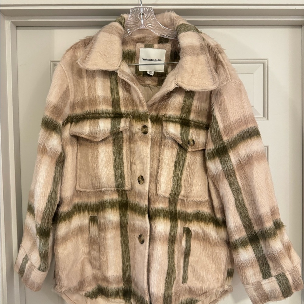 American Eagle Plaid Faux Fur Jacket